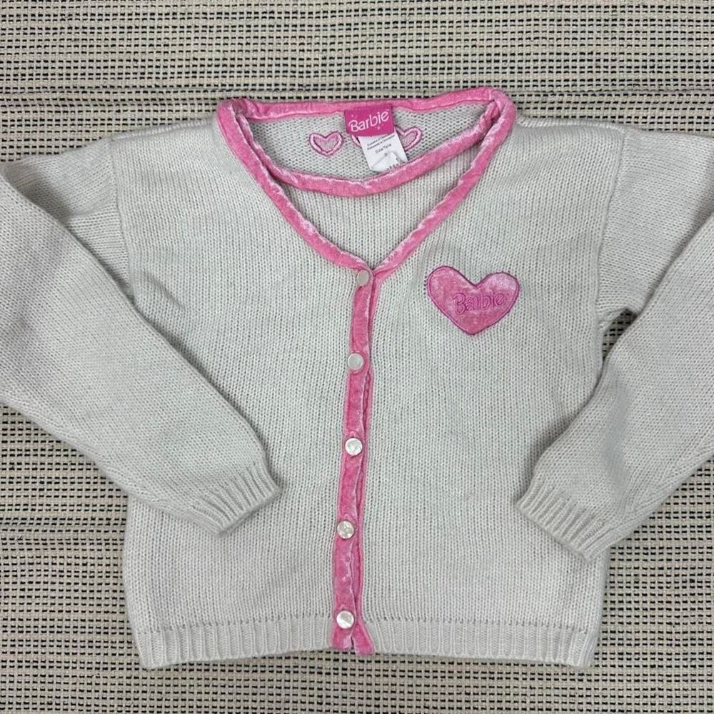 Vintage Girls Barbie White Pink Cardigan Knit Sweater